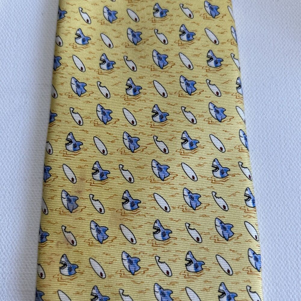Sharks & Surfboards Silk Necktie Yellow Blue Tommy Hilfiger Funny Beach Coastal - Picture 3 of 9